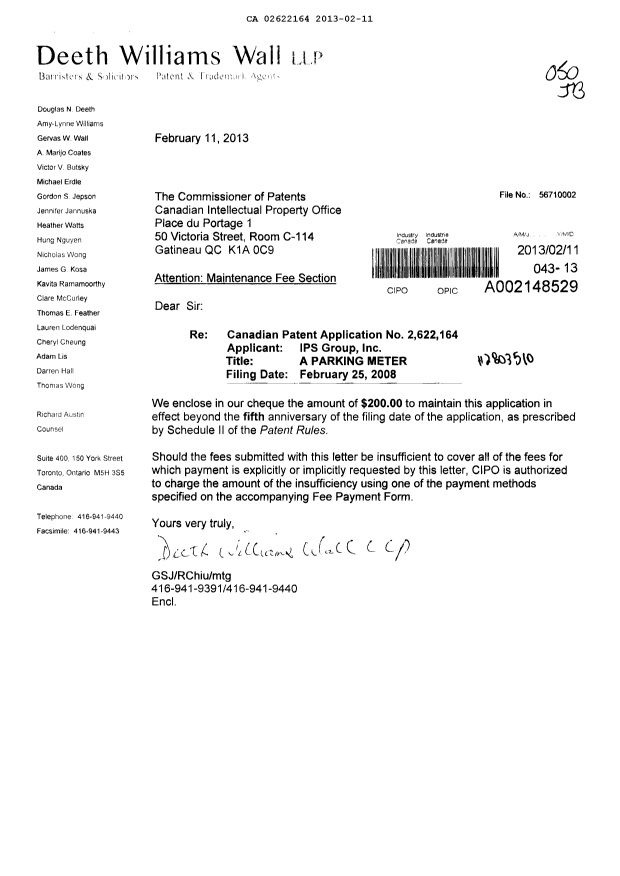 Document de brevet canadien 2622164. Taxes 20121211. Image 1 de 1