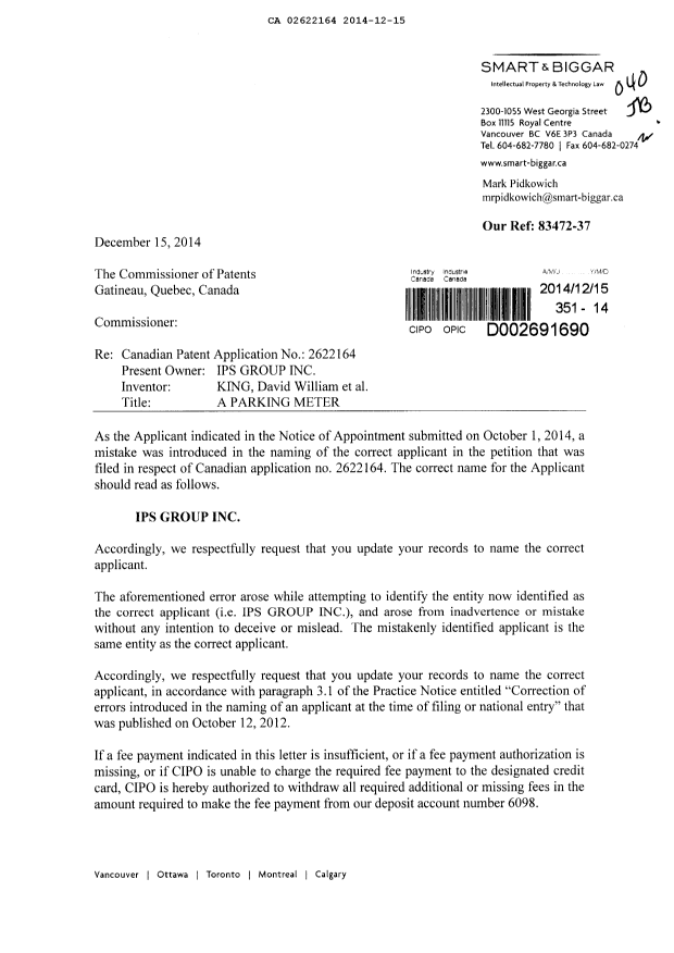 Document de brevet canadien 2622164. Correspondance 20131215. Image 1 de 2