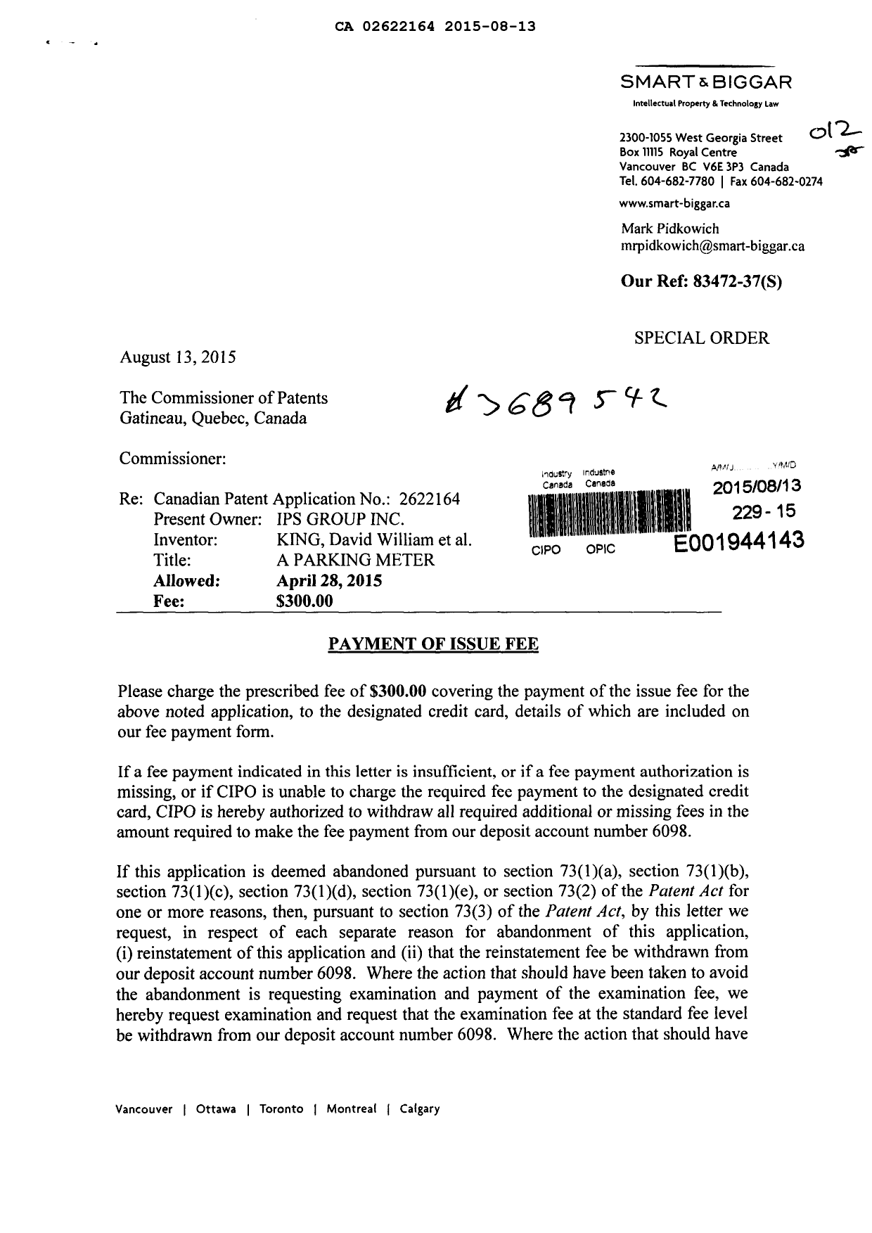 Canadian Patent Document 2622164. Correspondence 20141213. Image 1 of 2