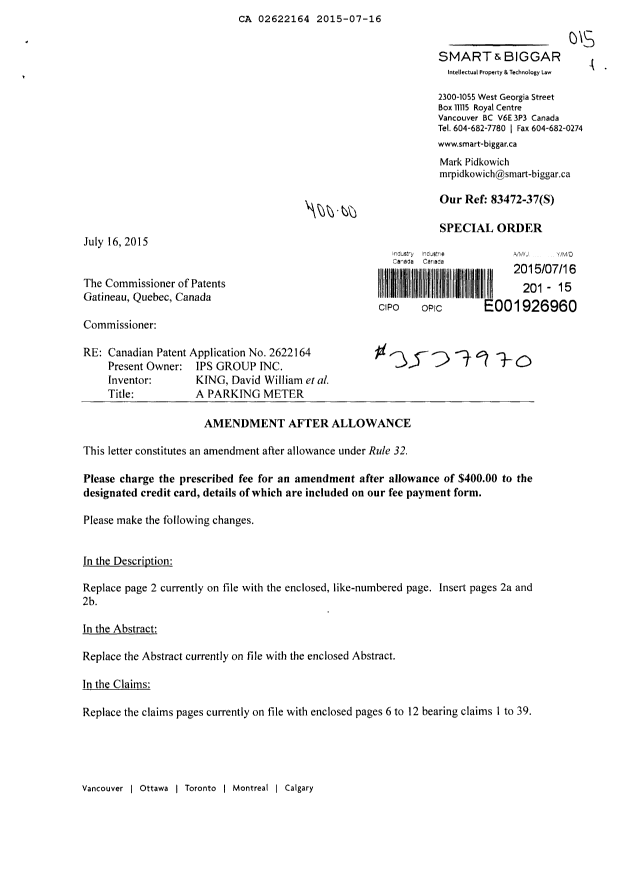 Document de brevet canadien 2622164. Poursuite-Amendment 20141216. Image 1 de 14