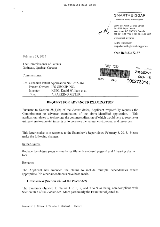 Document de brevet canadien 2622164. Poursuite-Amendment 20141227. Image 1 de 5