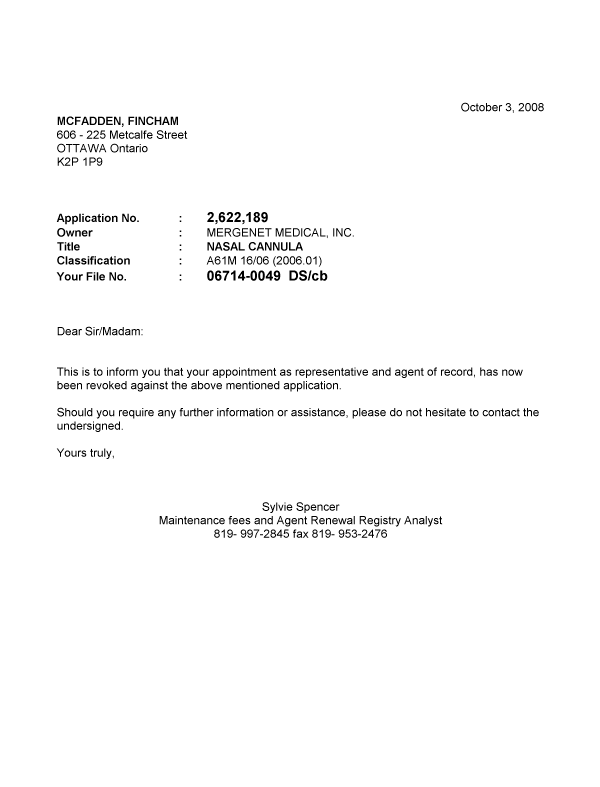 Canadian Patent Document 2622189. Correspondence 20081003. Image 1 of 1