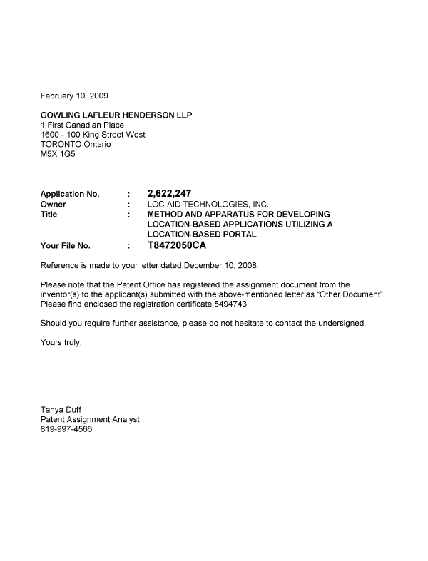 Document de brevet canadien 2622247. Correspondance 20090210. Image 1 de 1