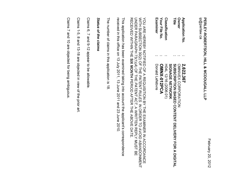 Canadian Patent Document 2622367. Prosecution-Amendment 20120220. Image 1 of 9