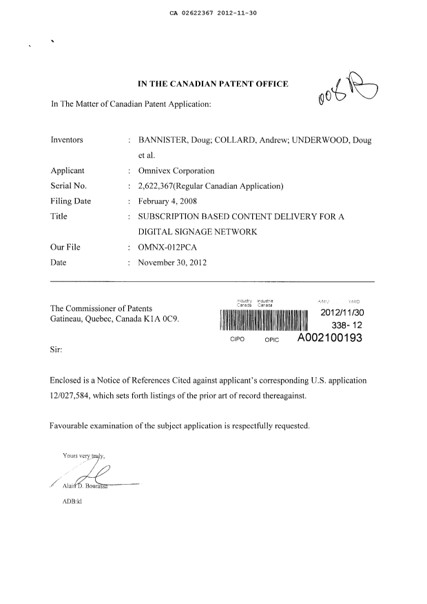 Canadian Patent Document 2622367. Prosecution-Amendment 20121130. Image 1 of 1