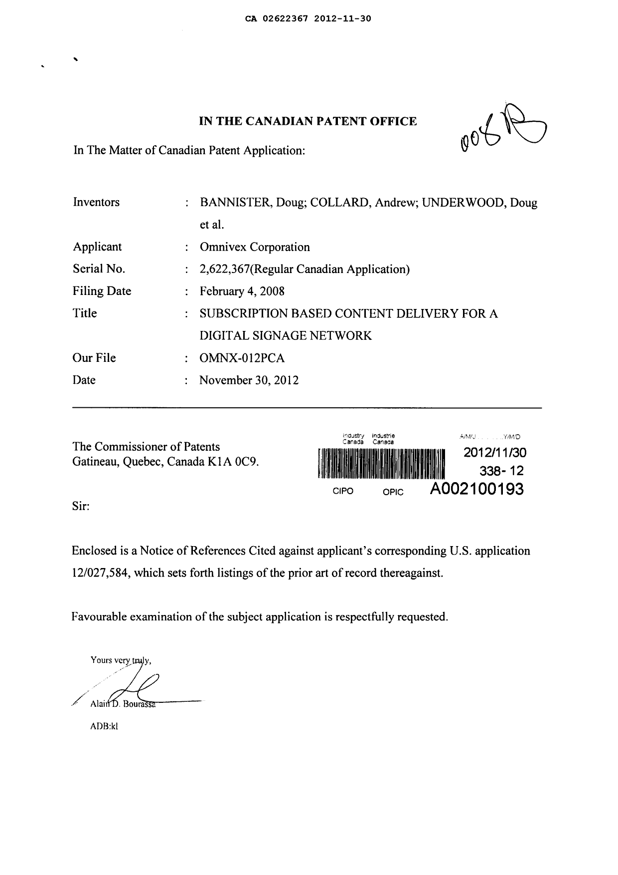 Canadian Patent Document 2622367. Prosecution-Amendment 20121130. Image 1 of 1