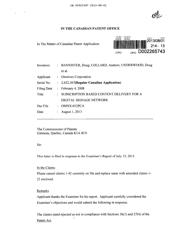 Canadian Patent Document 2622367. Prosecution-Amendment 20130801. Image 1 of 6