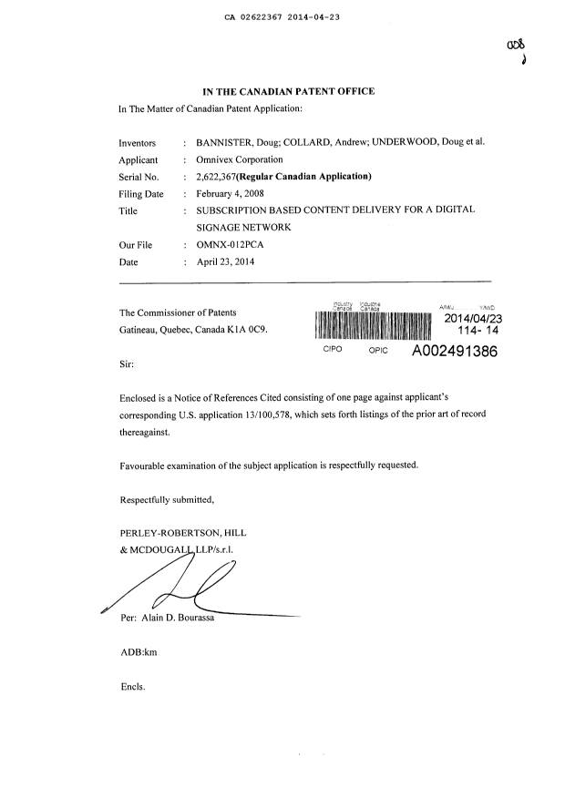 Document de brevet canadien 2622367. Poursuite-Amendment 20140423. Image 1 de 1