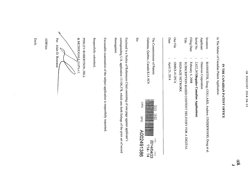 Canadian Patent Document 2622367. Prosecution-Amendment 20140423. Image 1 of 1