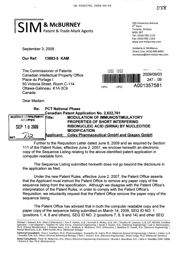 Canadian Patent Document 2622761. Prosecution-Amendment 20090903. Image 1 of 2