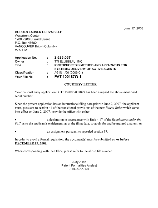 Canadian Patent Document 2623037. Correspondence 20071212. Image 1 of 1