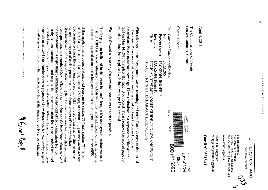 Canadian Patent Document 2623206. Correspondence 20110404. Image 1 of 2
