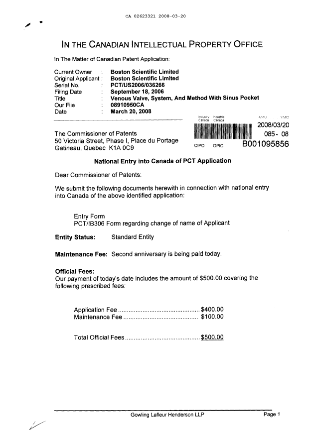 Document de brevet canadien 2623321. Cession 20080320. Image 1 de 4