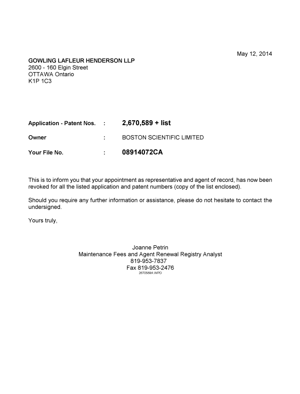 Document de brevet canadien 2623321. Correspondance 20140512. Image 1 de 1
