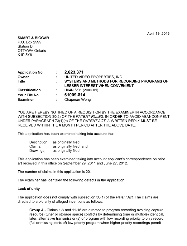 Document de brevet canadien 2623371. Poursuite-Amendment 20130419. Image 1 de 2