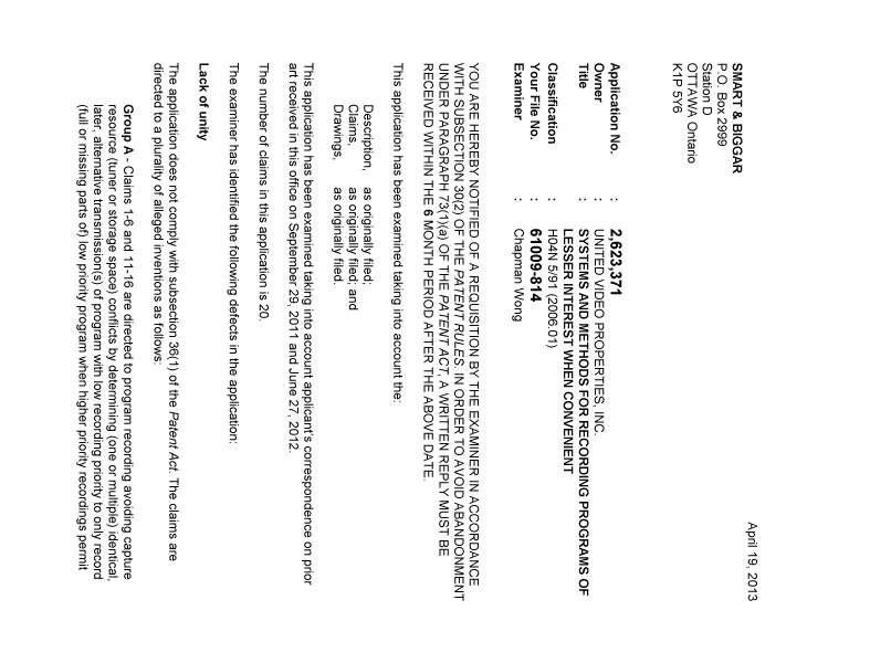 Canadian Patent Document 2623371. Prosecution-Amendment 20130419. Image 1 of 2