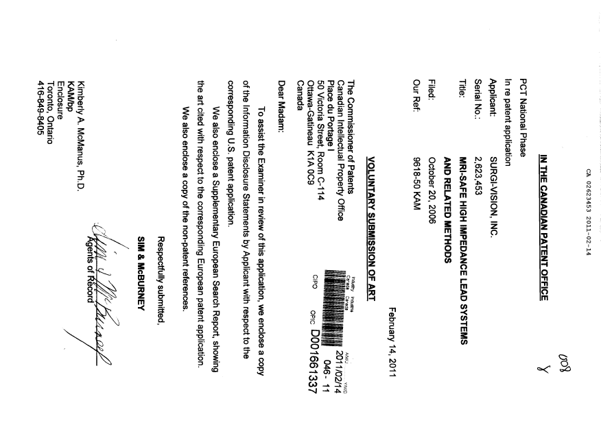 Canadian Patent Document 2623453. Prosecution-Amendment 20110214. Image 1 of 1