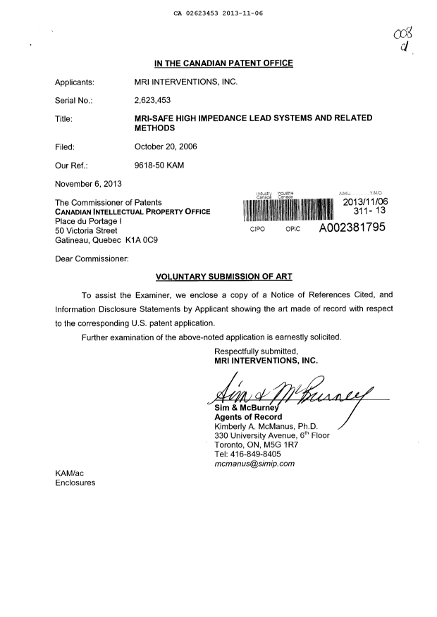 Canadian Patent Document 2623453. Prosecution-Amendment 20121206. Image 1 of 1