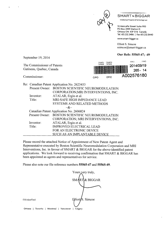 Document de brevet canadien 2623453. Correspondance 20140919. Image 1 de 2