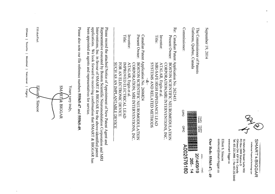 Canadian Patent Document 2623453. Correspondence 20140919. Image 1 of 2