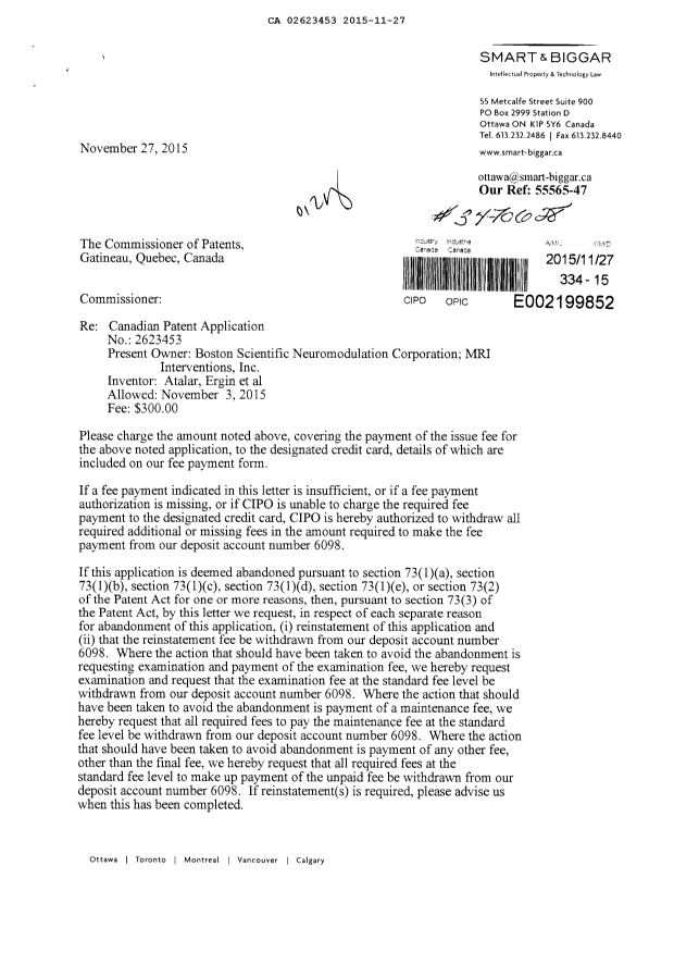 Canadian Patent Document 2623453. Correspondence 20141227. Image 1 of 2