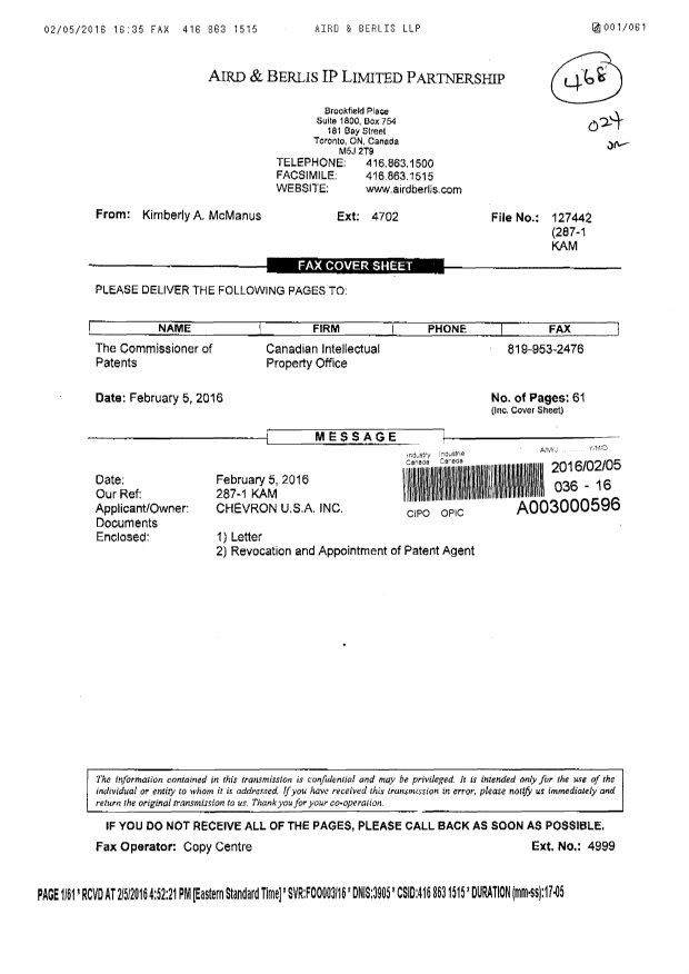 Canadian Patent Document 2623718. Correspondence 20160205. Image 1 of 61