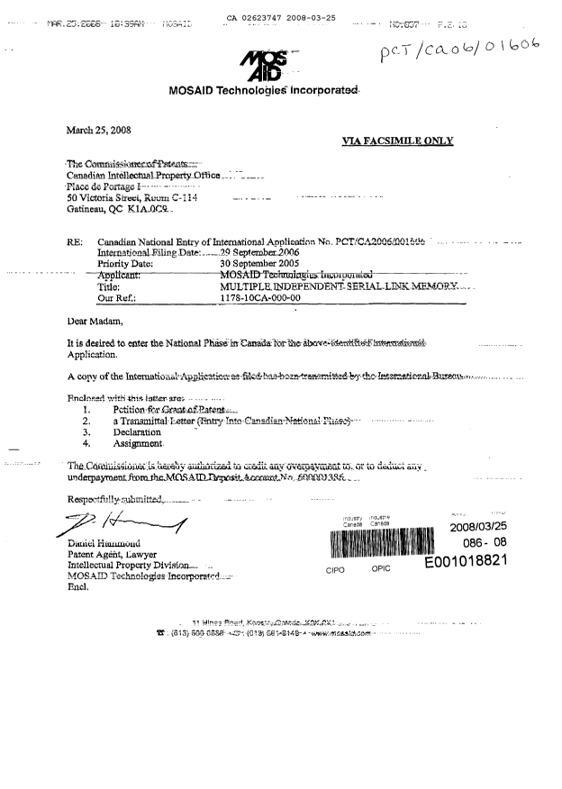Document de brevet canadien 2623747. Cession 20080325. Image 1 de 10