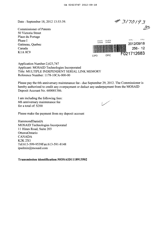 Document de brevet canadien 2623747. Taxes 20120918. Image 1 de 1