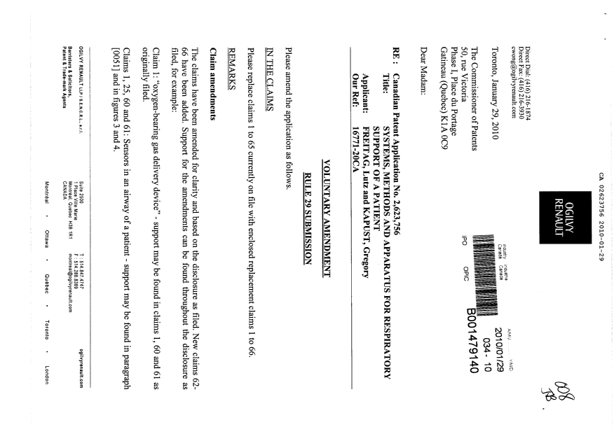 Canadian Patent Document 2623756. Prosecution-Amendment 20100129. Image 1 of 12