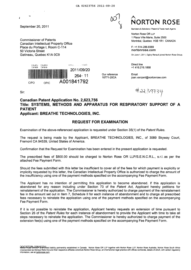 Document de brevet canadien 2623756. Poursuite-Amendment 20110920. Image 1 de 2