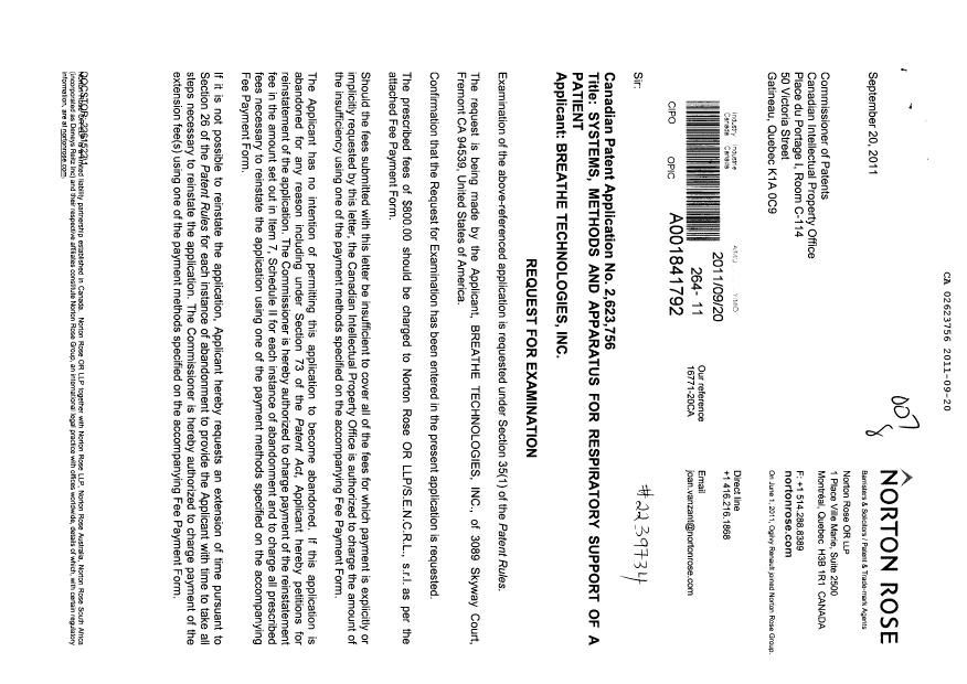 Canadian Patent Document 2623756. Prosecution-Amendment 20110920. Image 1 of 2