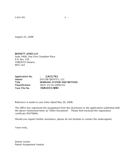 Document de brevet canadien 2623761. Correspondance 20080822. Image 1 de 2