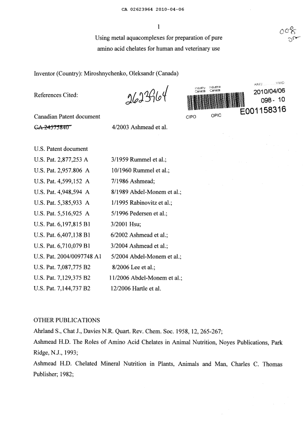 Canadian Patent Document 2623964. Prosecution-Amendment 20091206. Image 1 of 18