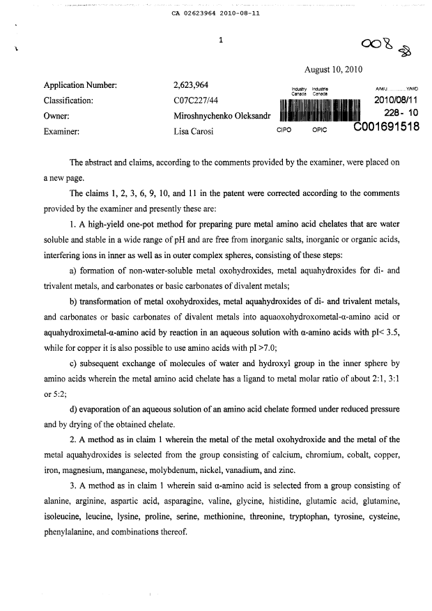 Canadian Patent Document 2623964. Prosecution-Amendment 20091211. Image 1 of 21