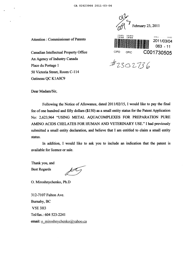 Canadian Patent Document 2623964. Prosecution-Amendment 20101204. Image 1 of 1