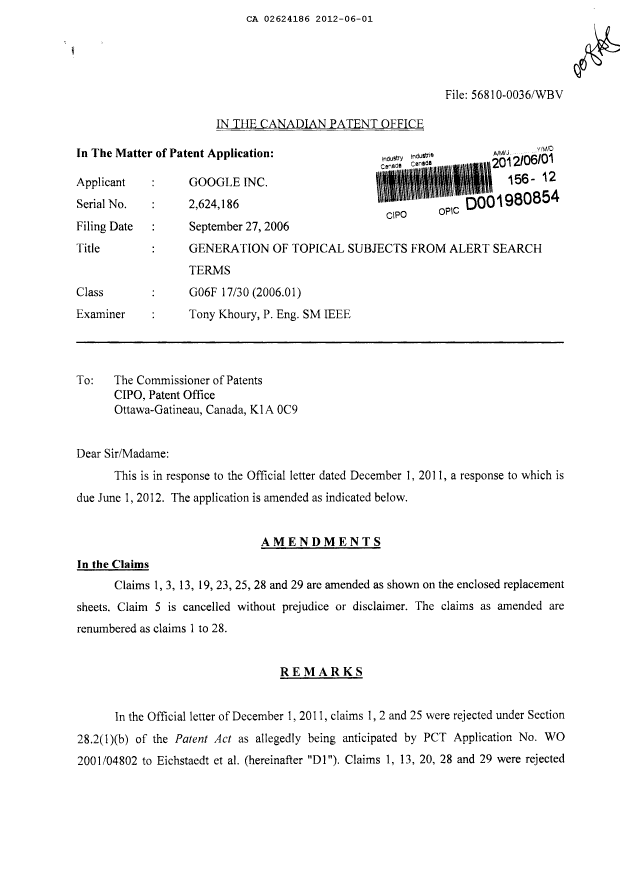 Canadian Patent Document 2624186. Prosecution-Amendment 20120601. Image 1 of 10