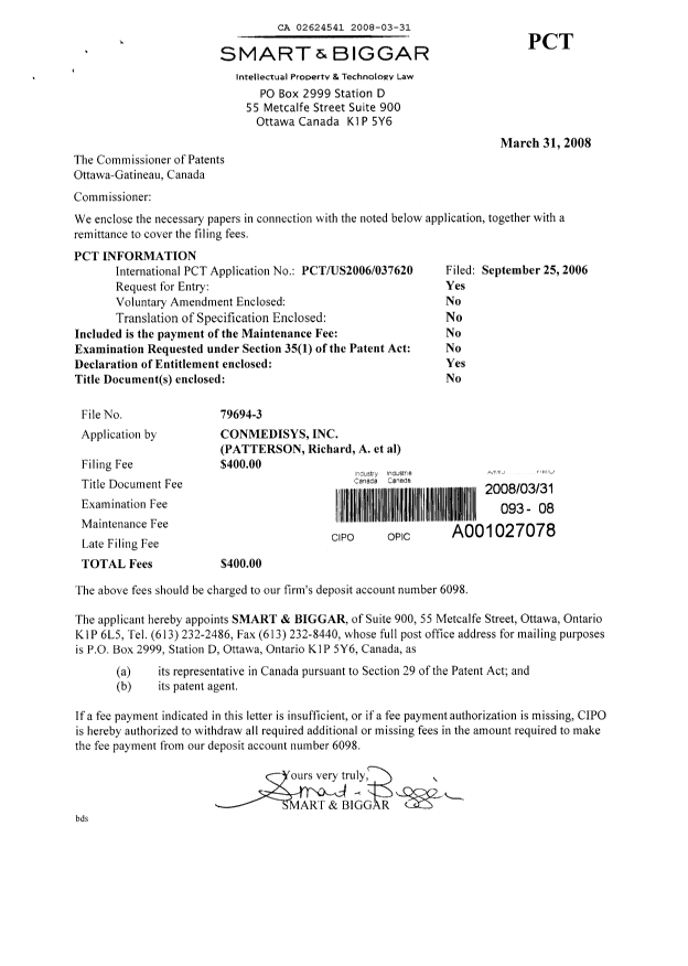 Document de brevet canadien 2624541. Cession 20080331. Image 1 de 3