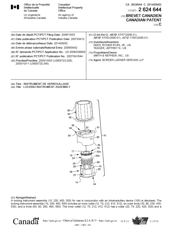 Canadian Patent Document 2624644. Cover Page 20131205. Image 1 of 2