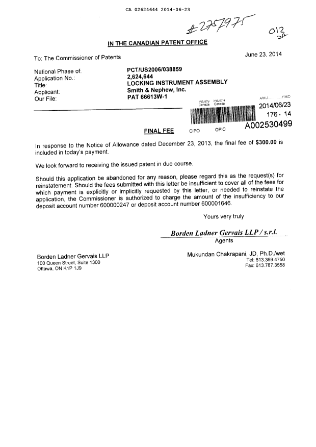 Canadian Patent Document 2624644. Correspondence 20131223. Image 1 of 1