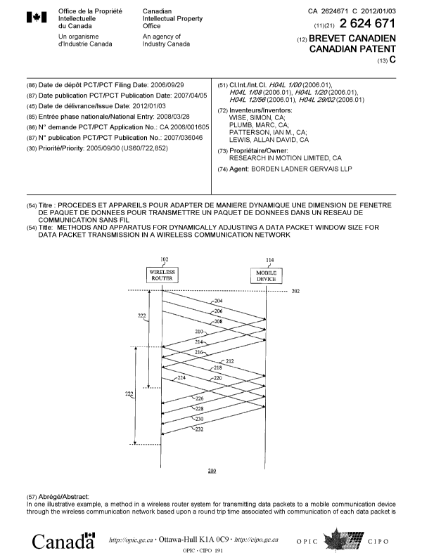 Document de brevet canadien 2624671. Page couverture 20111201. Image 1 de 2