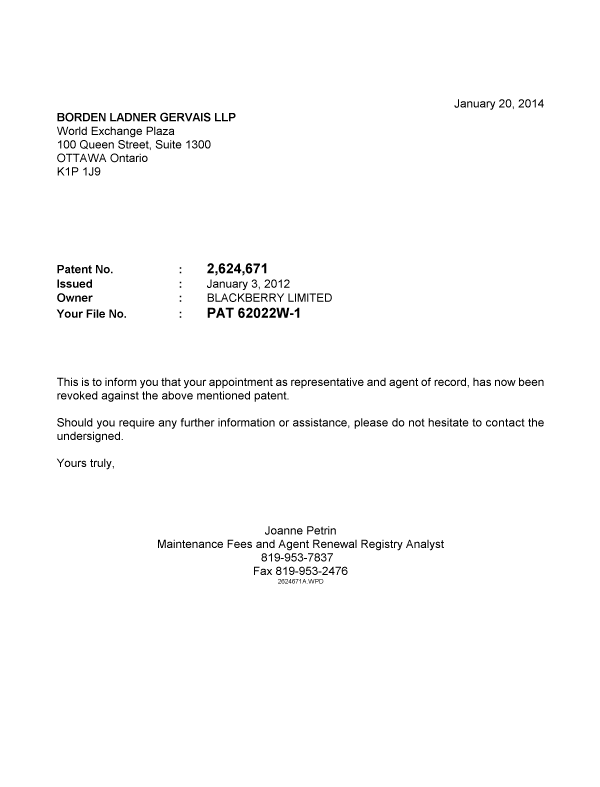 Canadian Patent Document 2624671. Correspondence 20140120. Image 1 of 1