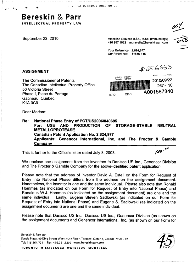 Document de brevet canadien 2624977. Correspondance 20100922. Image 1 de 2