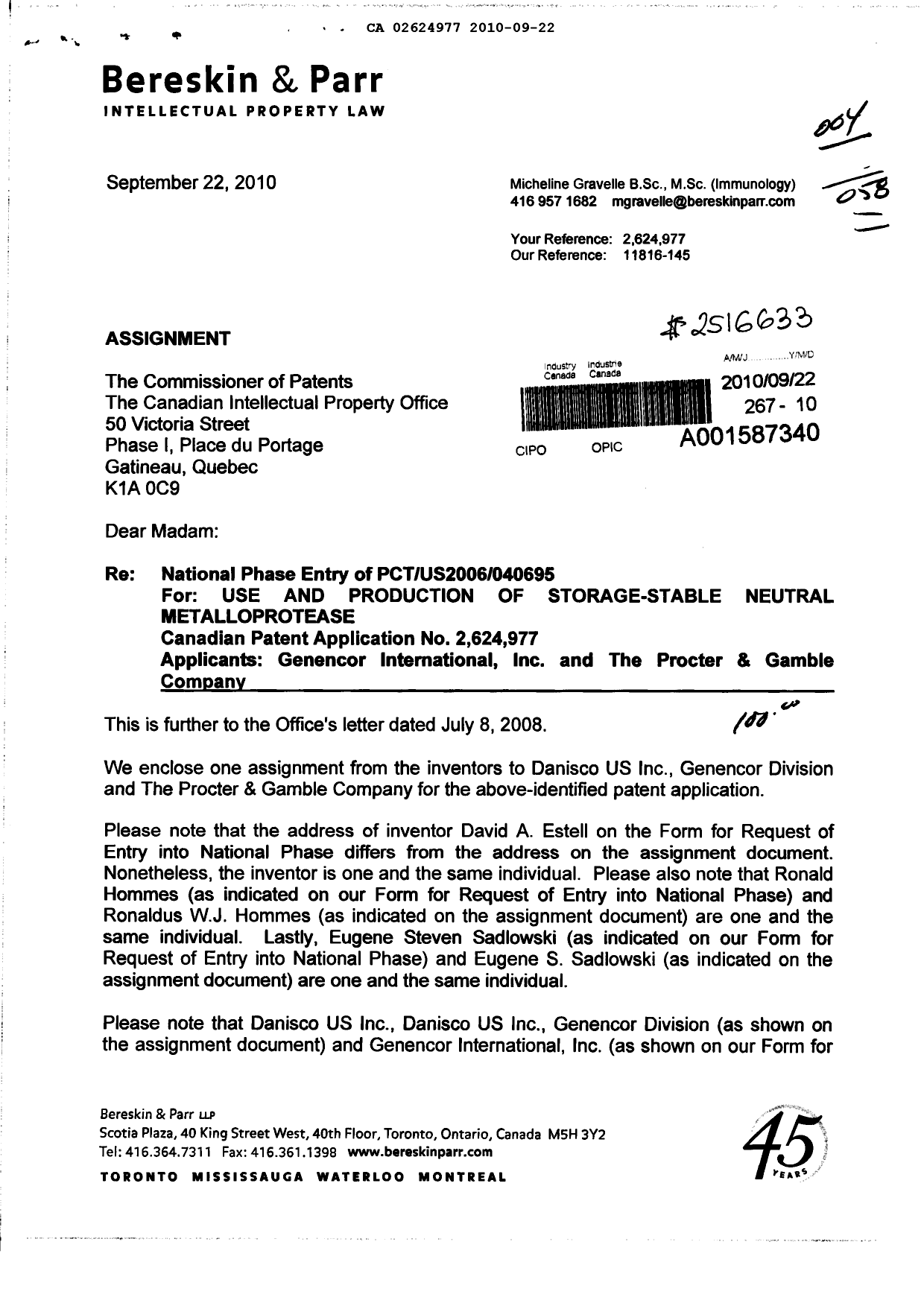 Canadian Patent Document 2624977. Correspondence 20100922. Image 1 of 2