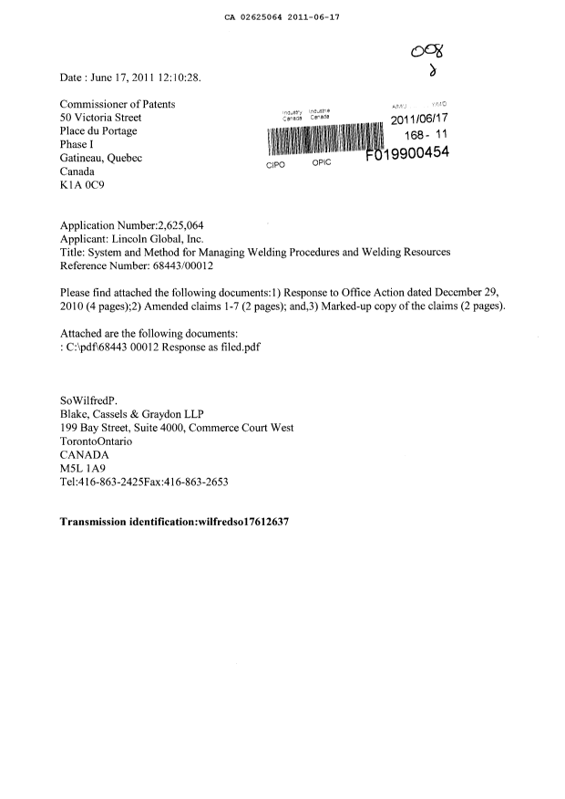 Document de brevet canadien 2625064. Poursuite-Amendment 20110617. Image 1 de 9