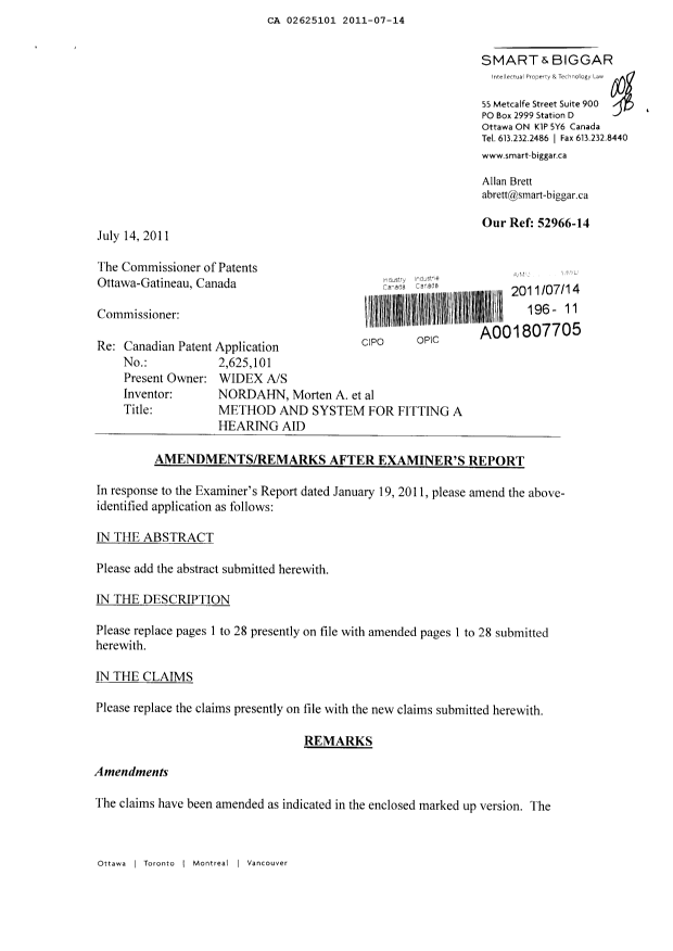 Document de brevet canadien 2625101. Poursuite-Amendment 20110714. Image 1 de 49