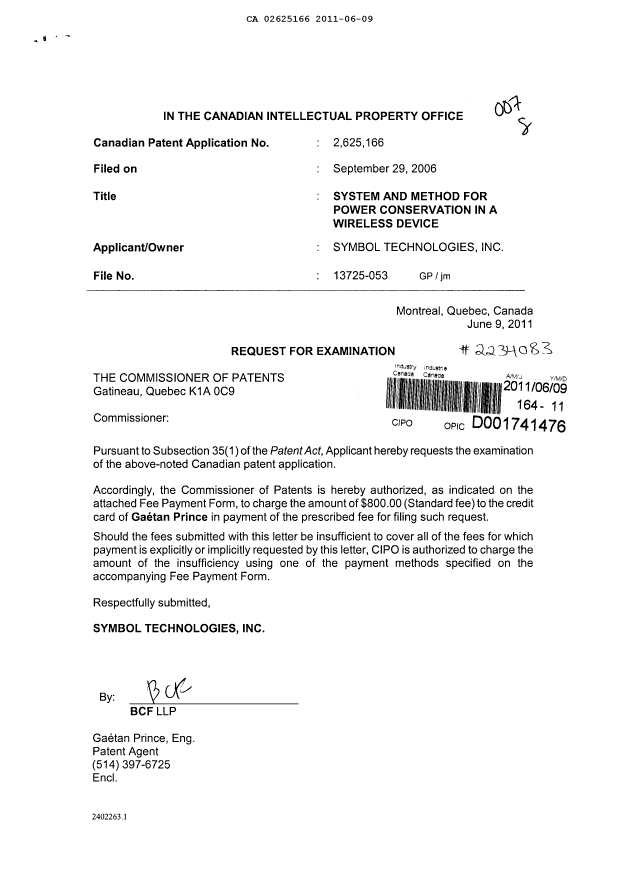 Document de brevet canadien 2625166. Poursuite-Amendment 20110609. Image 1 de 1