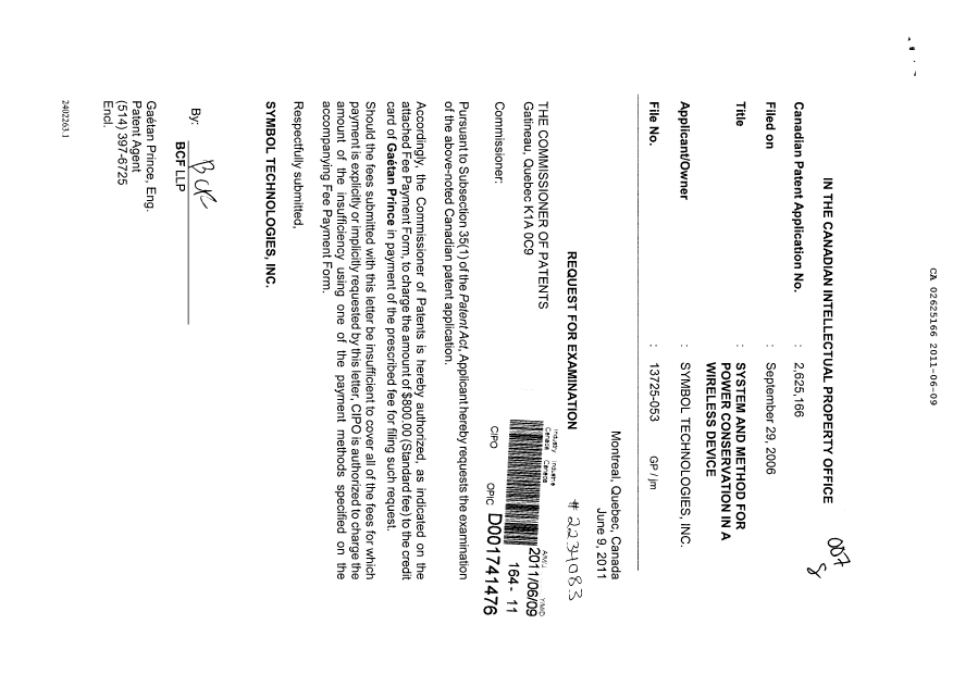 Canadian Patent Document 2625166. Prosecution-Amendment 20110609. Image 1 of 1