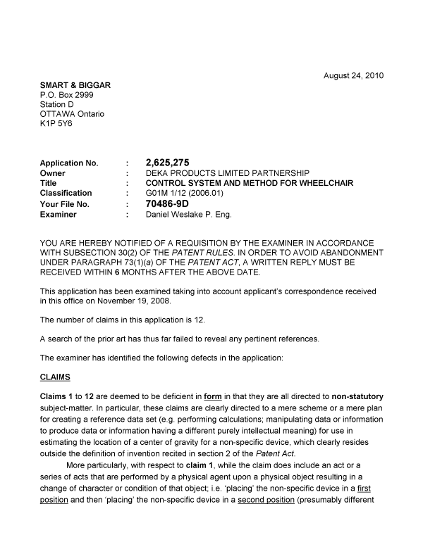 Canadian Patent Document 2625275. Prosecution-Amendment 20100824. Image 1 of 4
