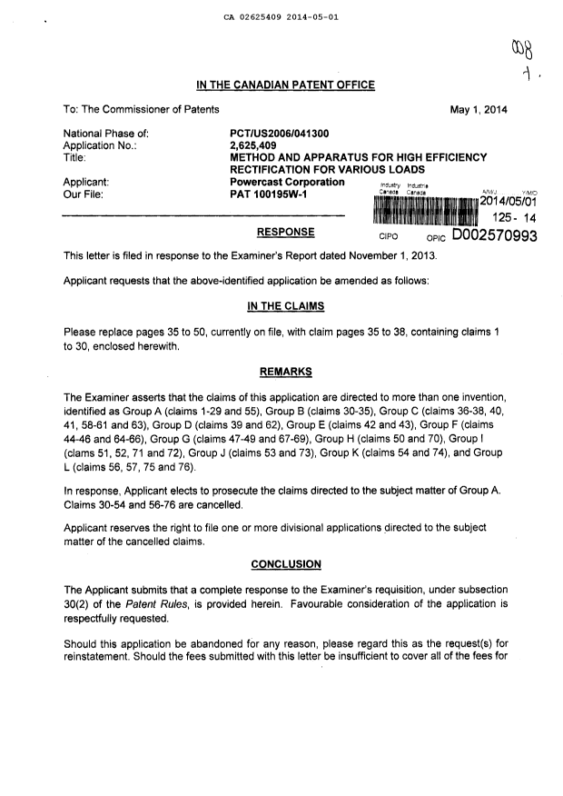 Canadian Patent Document 2625409. Prosecution-Amendment 20140501. Image 1 of 6