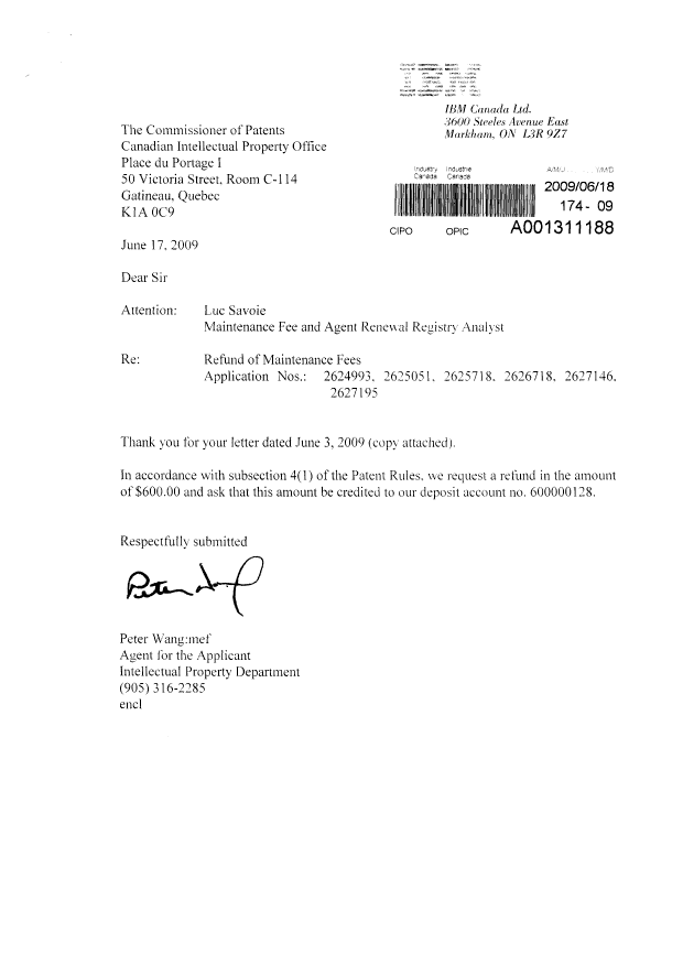 Document de brevet canadien 2625718. Correspondance 20090618. Image 1 de 2